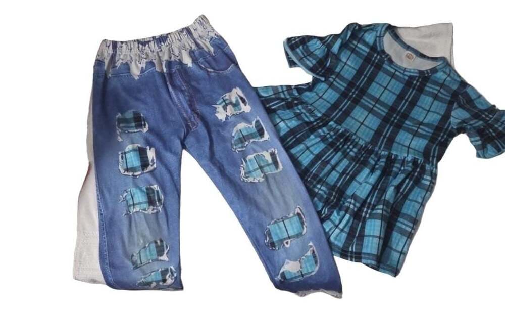 Girls Blue Plaid Outfit Top and Denim Effect Print Pants Set. *Right knee, tiny